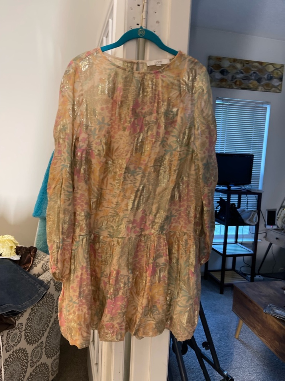 LOFT Cream Dress with Gold Metallic Floral and Pink/Green Accents